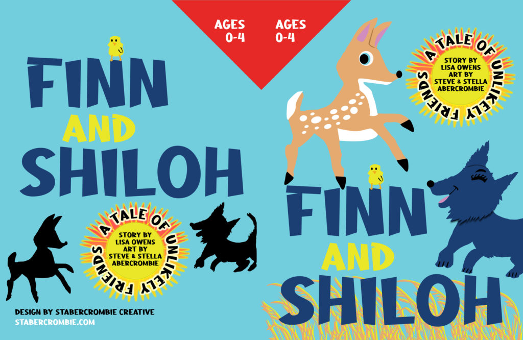 Cover spread of Finn and Shiloh Children's Book. Bright blue background against dark blue illustrated dog and tan illustrated deer.