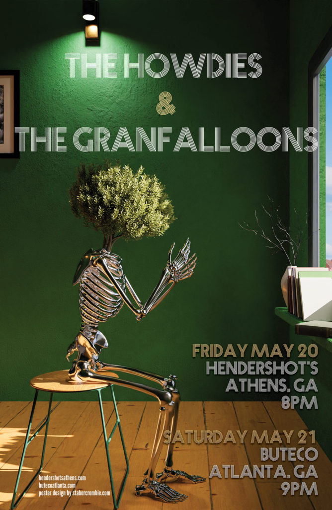Show poster for the Granfalloons in Athens, GA showing a skeleton witha tree for a head sitting on a stool in front of a window.