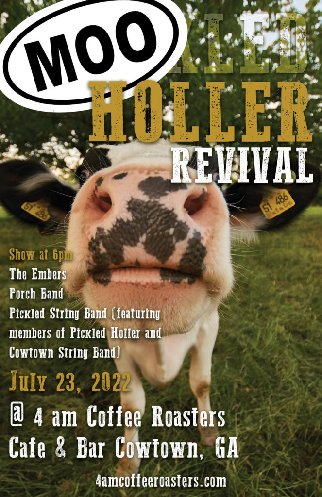 Concert poster for Moo Hooler Revival featuring an extreme closeup of a cow.