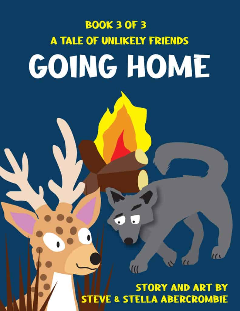 Finn & Shiloh Going Home cover featuring a cartoon deer and a wolf in front of a campfire.