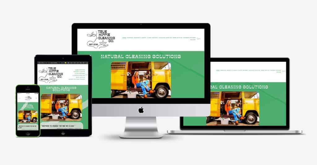 TrueHippieCleaning.com shown on a variety of screens from to to tablet, laptop and desktop